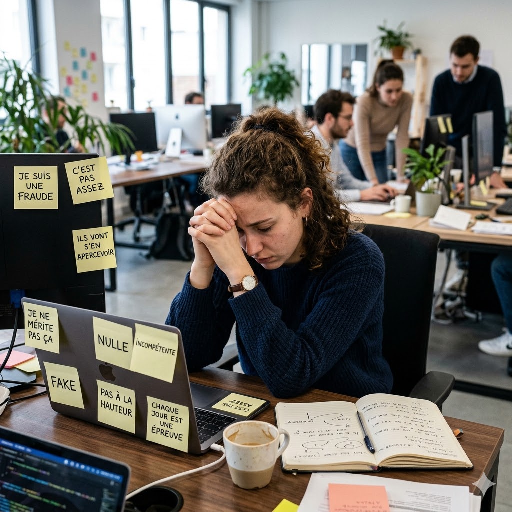 Une femme assise à son bureau dans un open space dynamique, la tête baissée et les mains jointes contre son front, exprimant un sentiment de manque de confiance et de détresse ou de doute. Son ordinateur portable et son écran sont recouverts de post-its jaunes portant des messages d'auto-dépréciation en français, tels que « Je suis une fraude », « Incompétente », « Pas à la hauteur » et « Fake ». En arrière-plan, ses collègues travaillent normalement, accentuant son sentiment d'isolement intérieur lié au syndrome de l'imposteur.