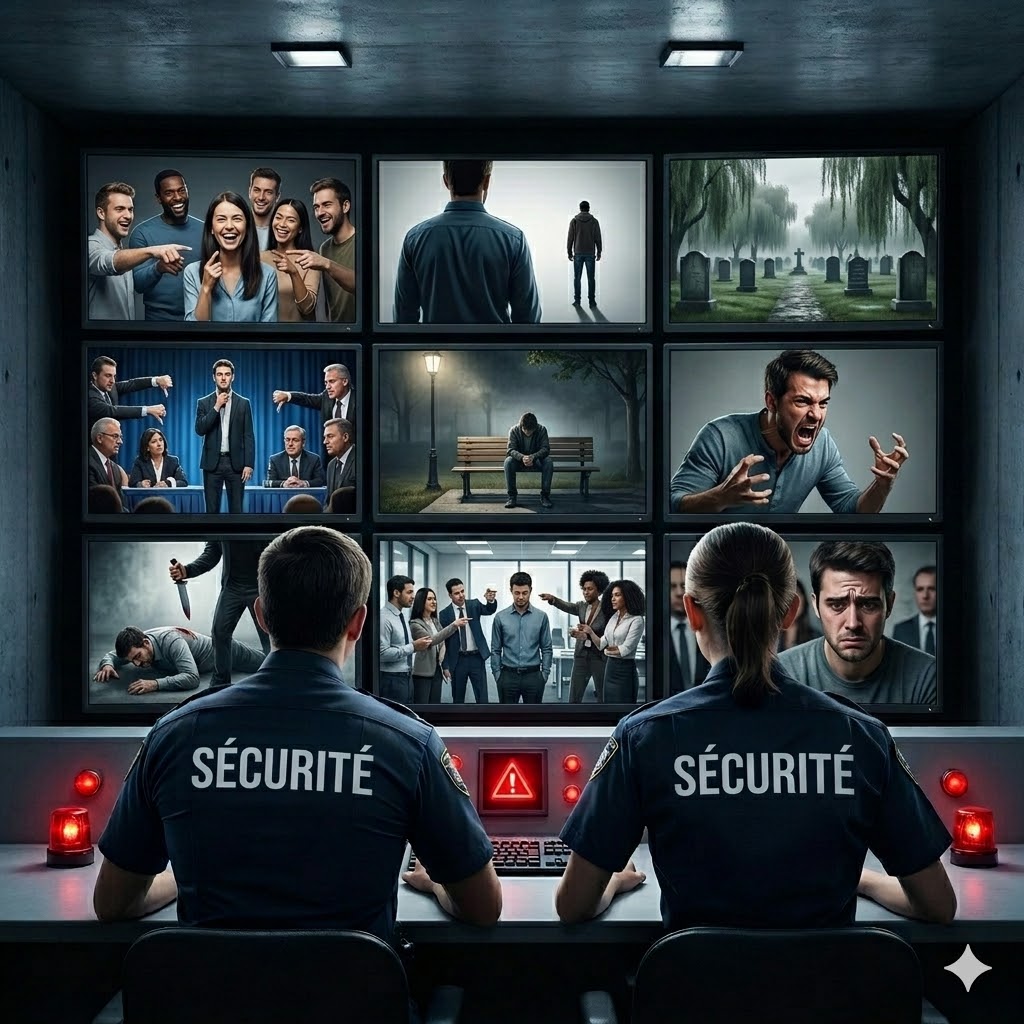 Deux agents de sécurité de dos, portant l'inscription 'SÉCURITÉ' sur leur uniforme, surveillent un mur de neuf écrans de contrôle. Les moniteurs affichent des scènes de traumatismes émotionnels et psychologiques (rejet, deuil, colère, agression, jugement). Métaphore visuelle du 'vigile intérieur' de l'inconscient et de la méthode L.I.B.R.E."