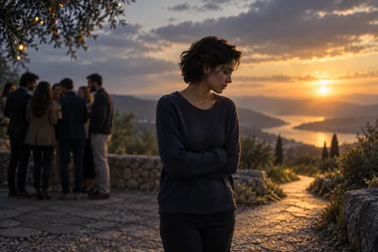 Femme en retrait d’un groupe au coucher du soleil — blessure de rejet, hypnose à Sion en Valais