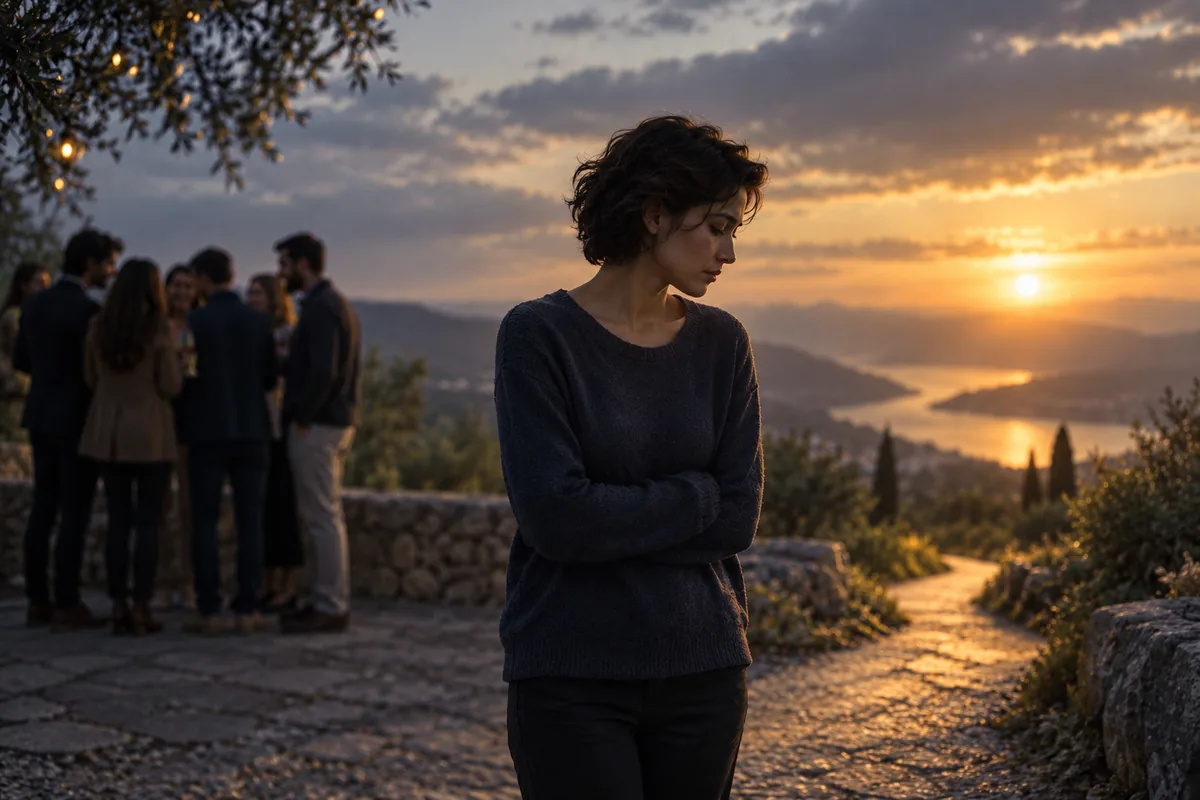 Femme en retrait d'un groupe au coucher du soleil, illustration de la blessure de rejet et de la difficulté à trouver sa place