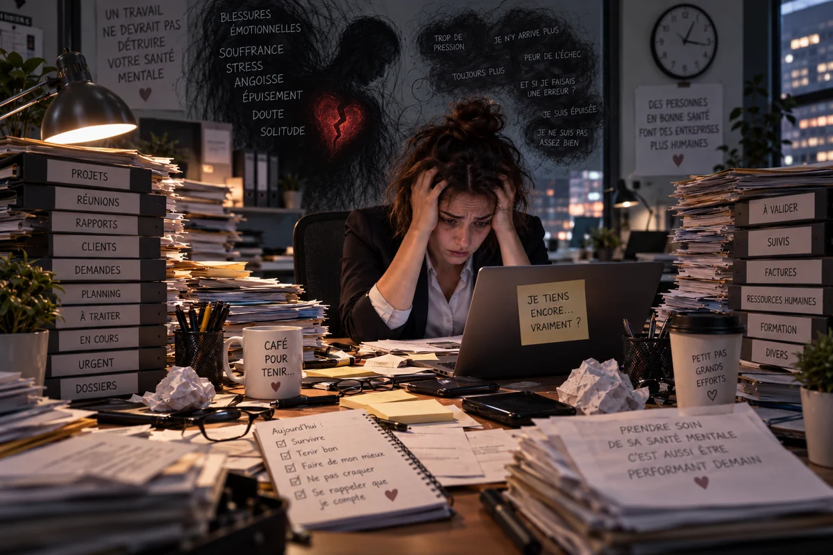 Femme épuisée à son bureau, la tête dans les mains, entourée de piles de dossiers et de pensées inscrites au mur : trop de pression, peur de l'échec, je ne suis pas assez bien — les blessures émotionnelles au travail, accompagnées en hypnose à Sion, en Valais
