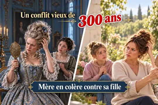 Servante et aristocrate au XVIIe siècle face à une mère apaisée avec sa fille — hypnose à Sion