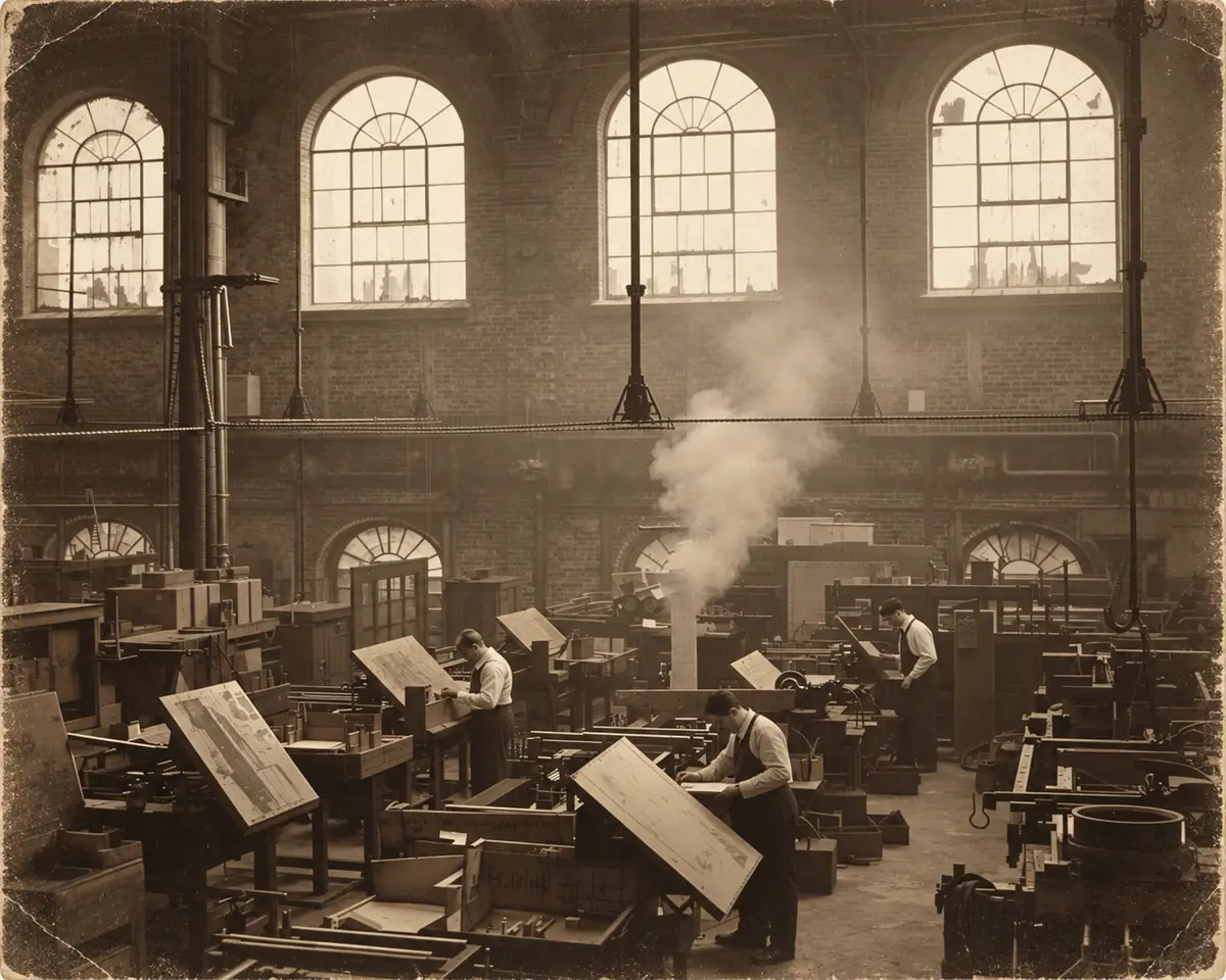 Usine des années 1900 apparaissant lors d'une exploration de vies antérieures en hypnose spirituelle à Sion