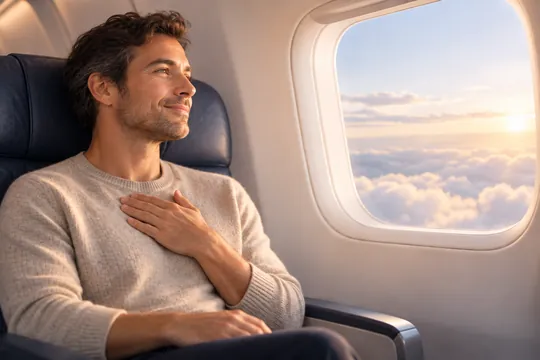 Homme apaisé regardant par le hublot d'un avion — hypnose pour la peur de l'avion à Sion, Valais