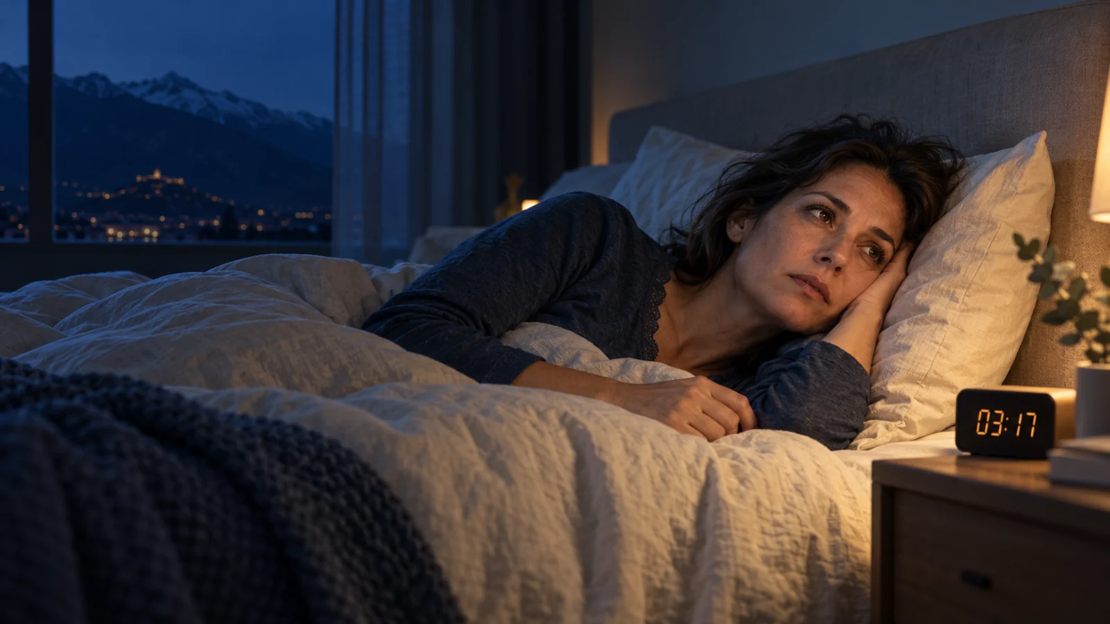 Femme éveillée à 3 h 17, préoccupée par des pensées qui l’empêchent de dormir.