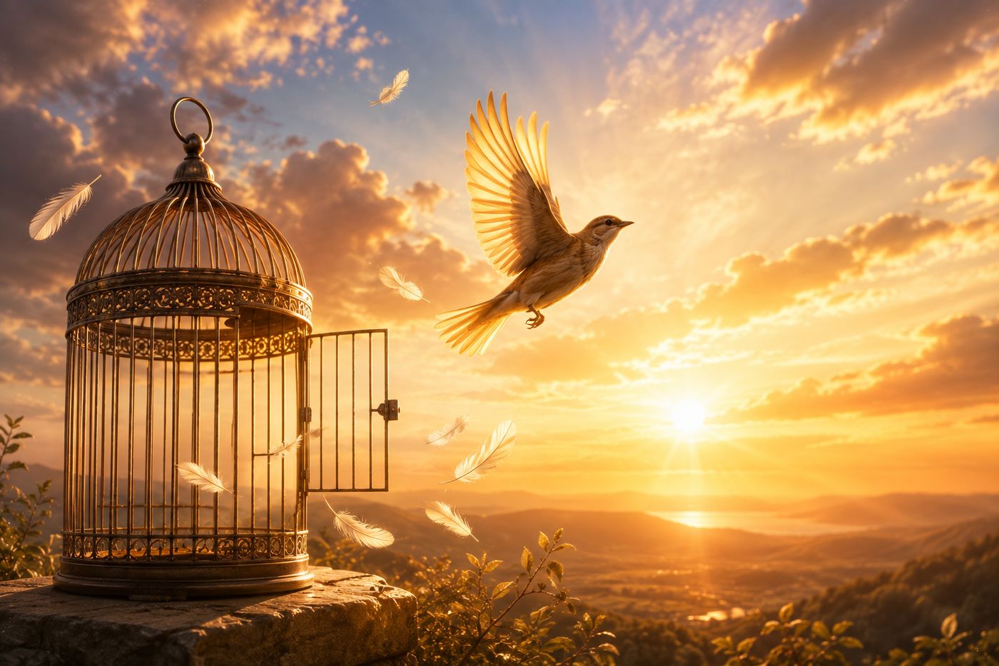 Oiseau s'envolant d'une cage ouverte au lever du soleil, symbole de la libération d'une phobie par la méthode NERTI à Sion, en Valais