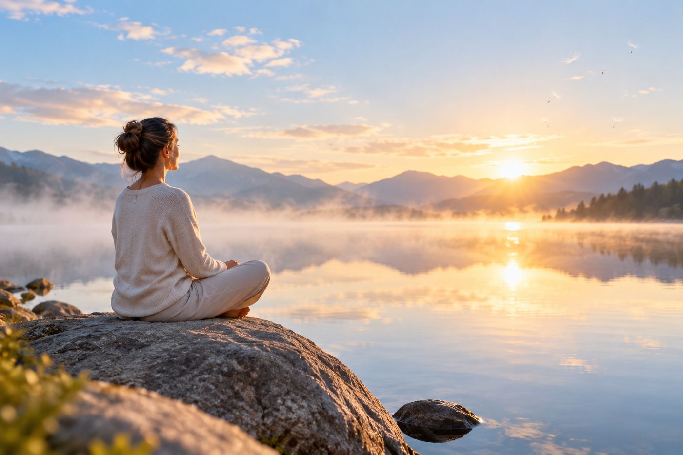 Femme apaisée assise au bord d'un lac de montagne au lever du soleil, illustrant le retour au calme après une séance RITMO à Sion, en Valais